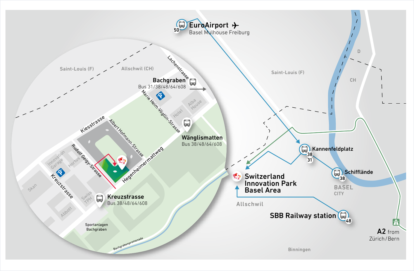 Site map – bus routes to the Switzerland Innovation Park Basel Area, the Kreuzstrasse stop, and the marked entrance on Hegenheimermattweg, Allschwil